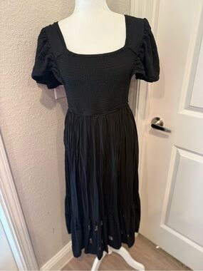 Seen Worn Kept Black Smocked Puff-Sleeve Midi Dress Sz M
